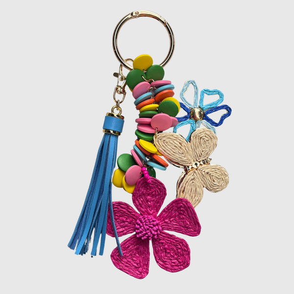 Bag Charm - Pink Flower with Blue Tassel