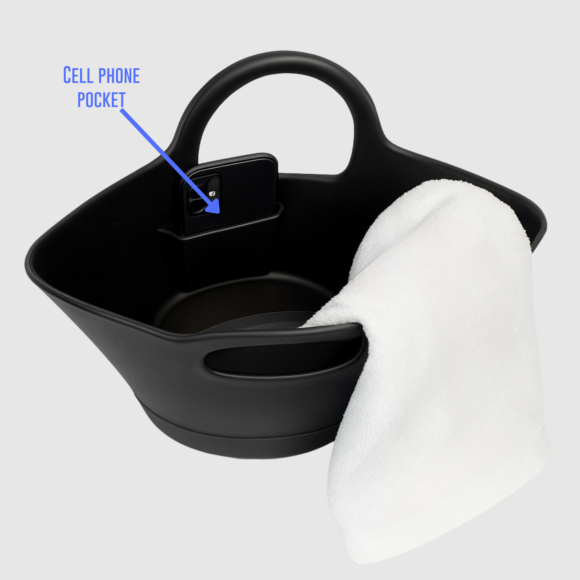 Black Kennedy Tote with cell phone pocket and white towel on it